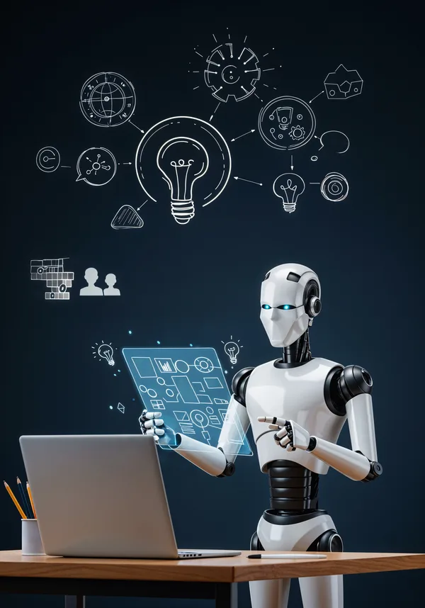 AI robot analyzing data with neon futuristic interface
