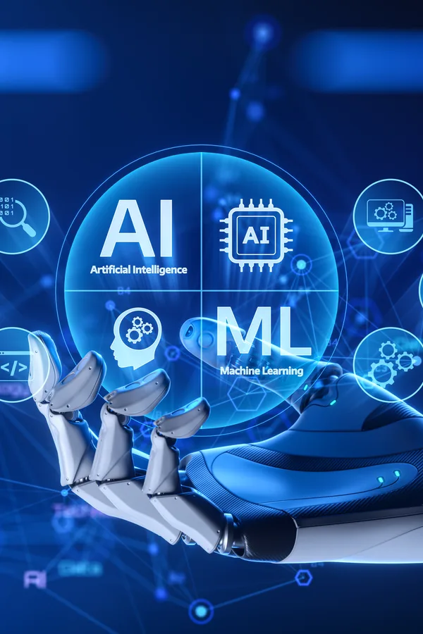 Robot hand holding ML hologram representing machine learning